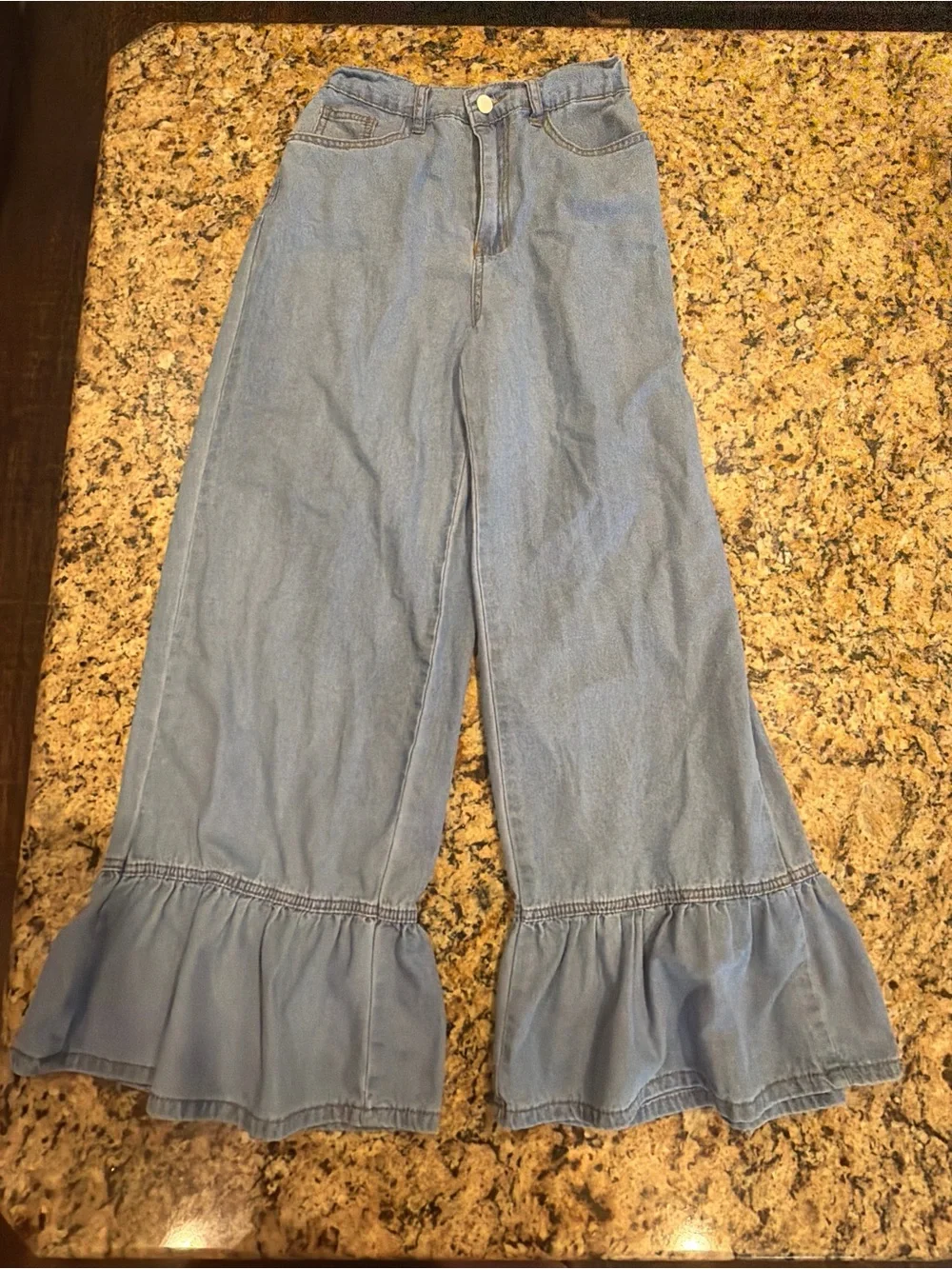 SHEIN Light Blue Flared Ruffle-Hem Wide Leg Jeans